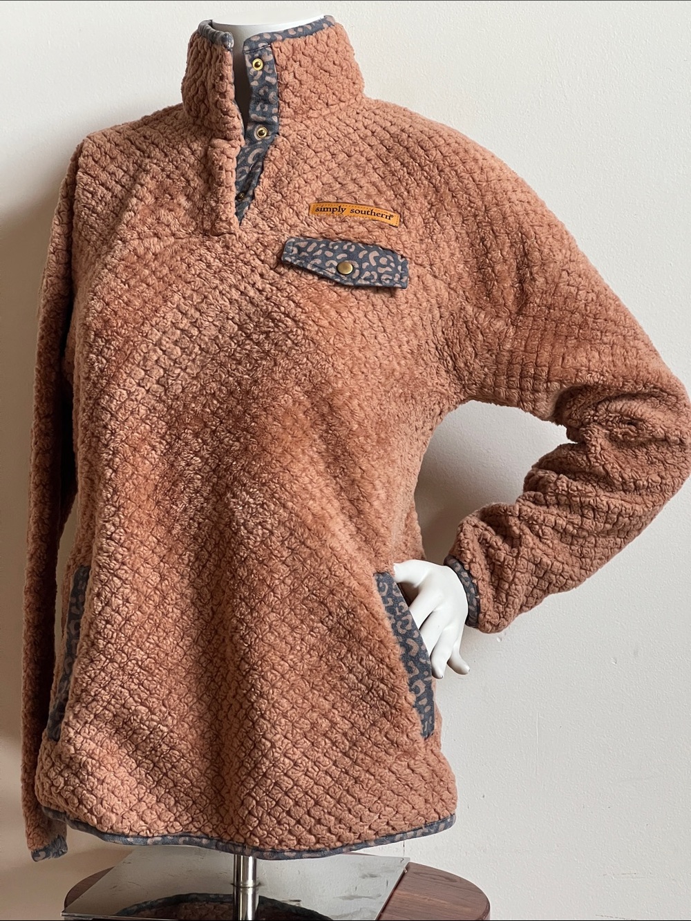 Simply Southern Women's Teddy Pullover Jacket in peachy rust with Leopard Trim